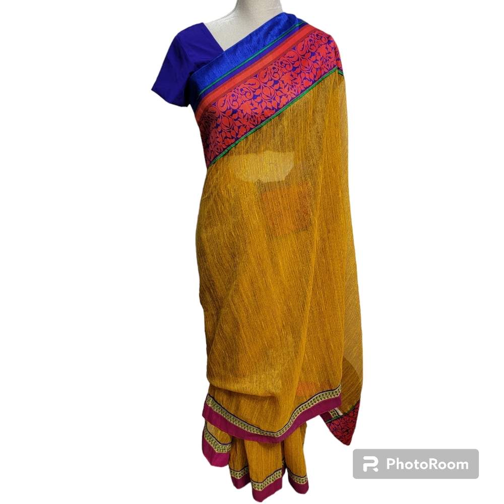 Yellow, red, green, blue silk striped saree/sari